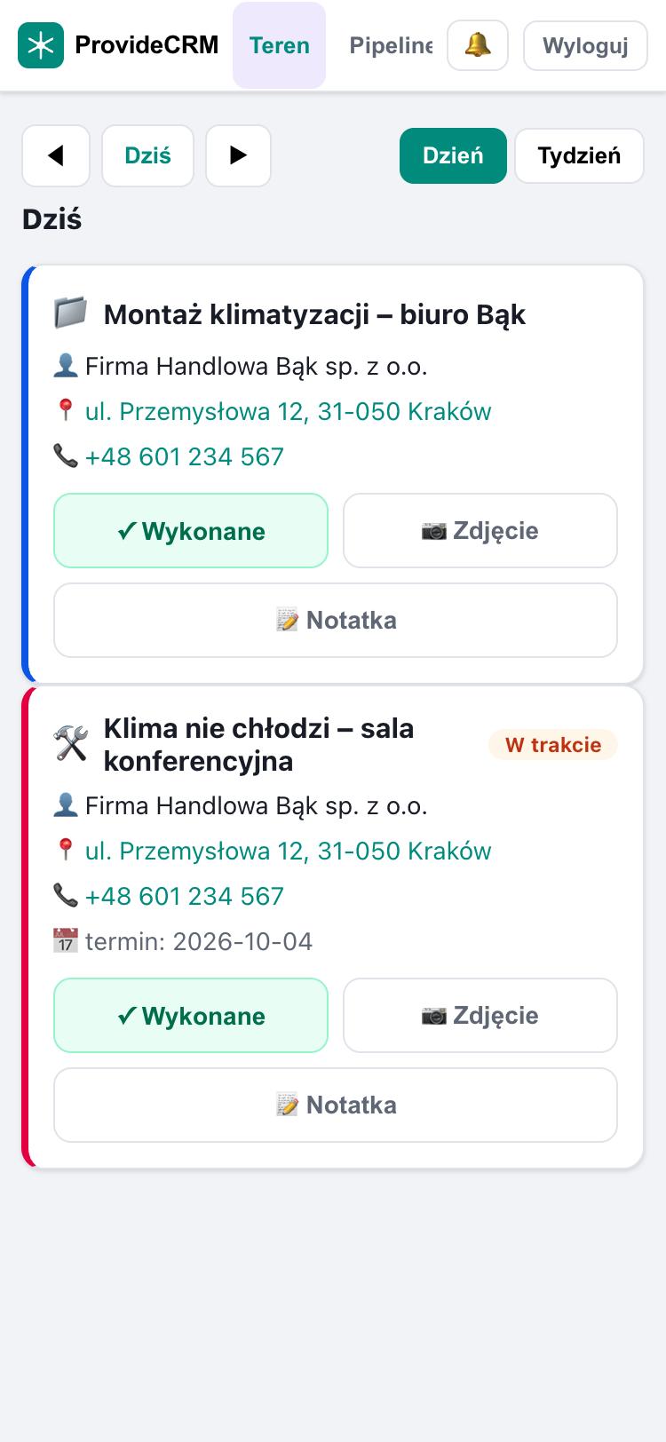 Tryb terenowy ProvideCRM na telefonie — grafik technika z akcjami