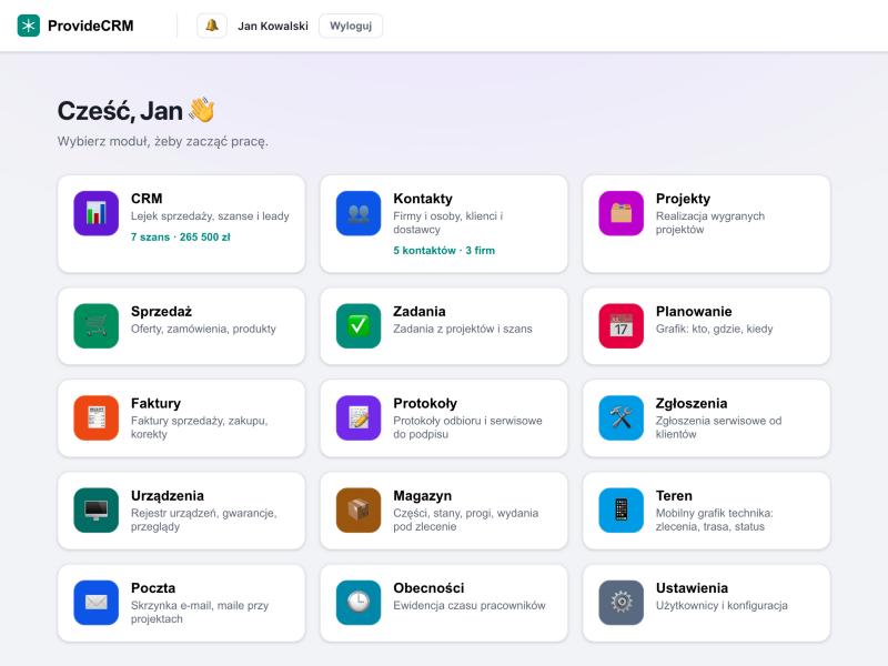 Pulpit ProvideCRM z modułami: CRM, projekty, urządzenia, magazyn, teren